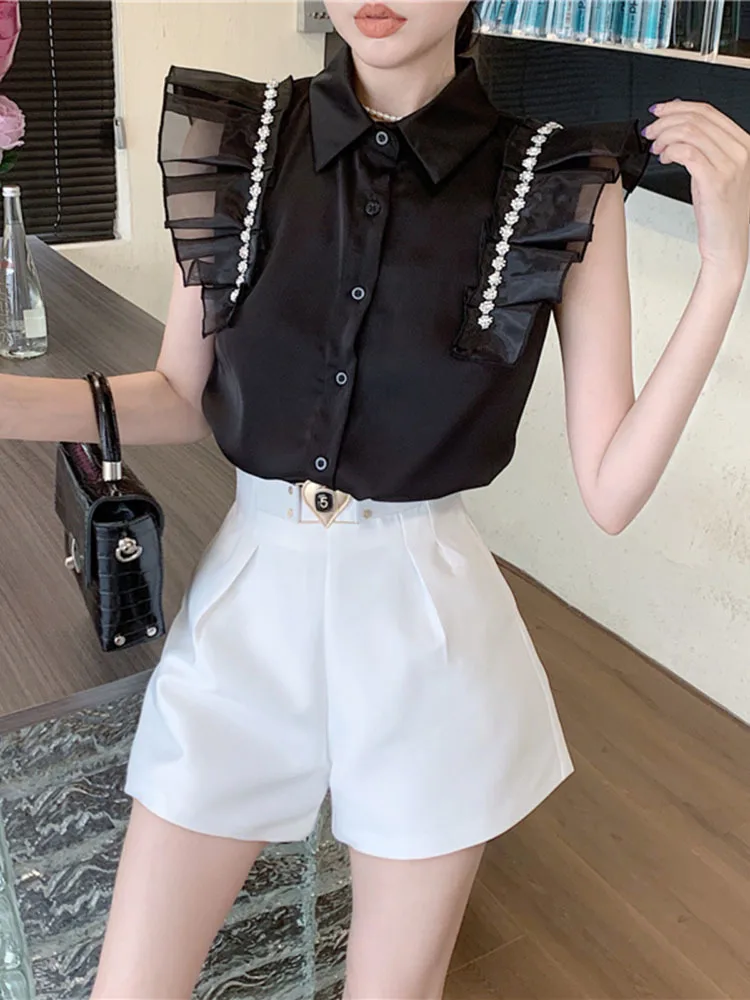 Summer French Ruffled Flying Sleeve Shirt Women\'s 2024 New White Polo Collar Nail Diamond Stitching Waisted Slim-Fit Sexy Top