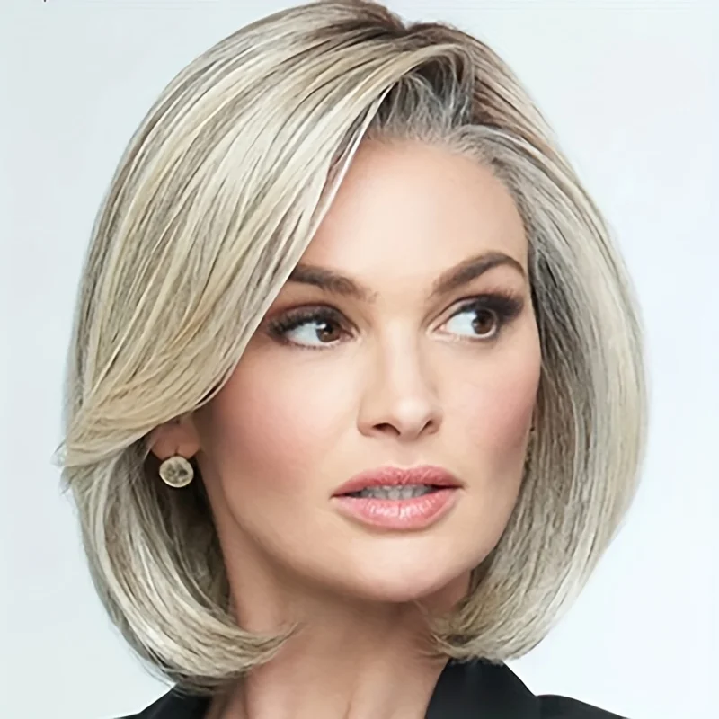 

Elegant, fluffy, fashionable silver-gray synthetic wig with bangs, top-of-the-head scalp medium-length hair wig, perfect summer