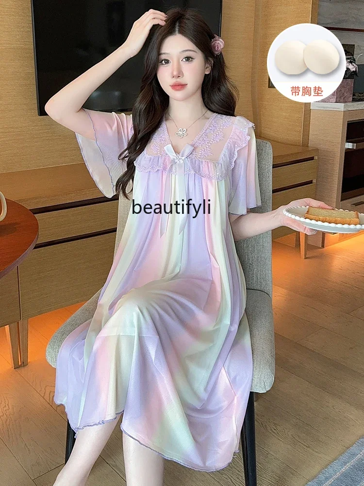 

French Style Princess Nightdress Women's High Sense Short Sleeve Mesh Pajamas Summer Thin Double-Layer Yarn with Chest Pad