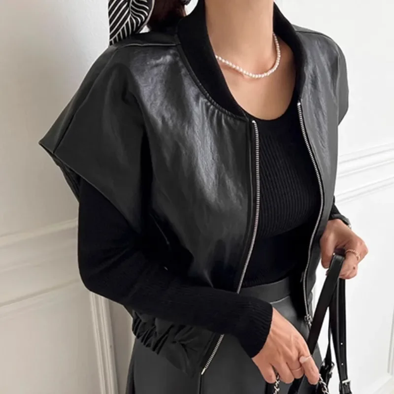 Retro High-End Leather Vest Women'S Autumn And Winter Round Neck Zipper Style Loose And Versatile Short Sleeved Jacket