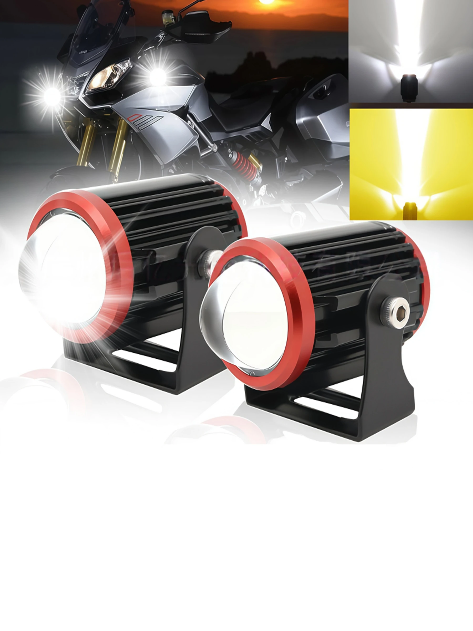 

Car and motorcycle spotlights, LED dual-color (white and yellow), high and low beam integrated, waterproof, multi-functional.