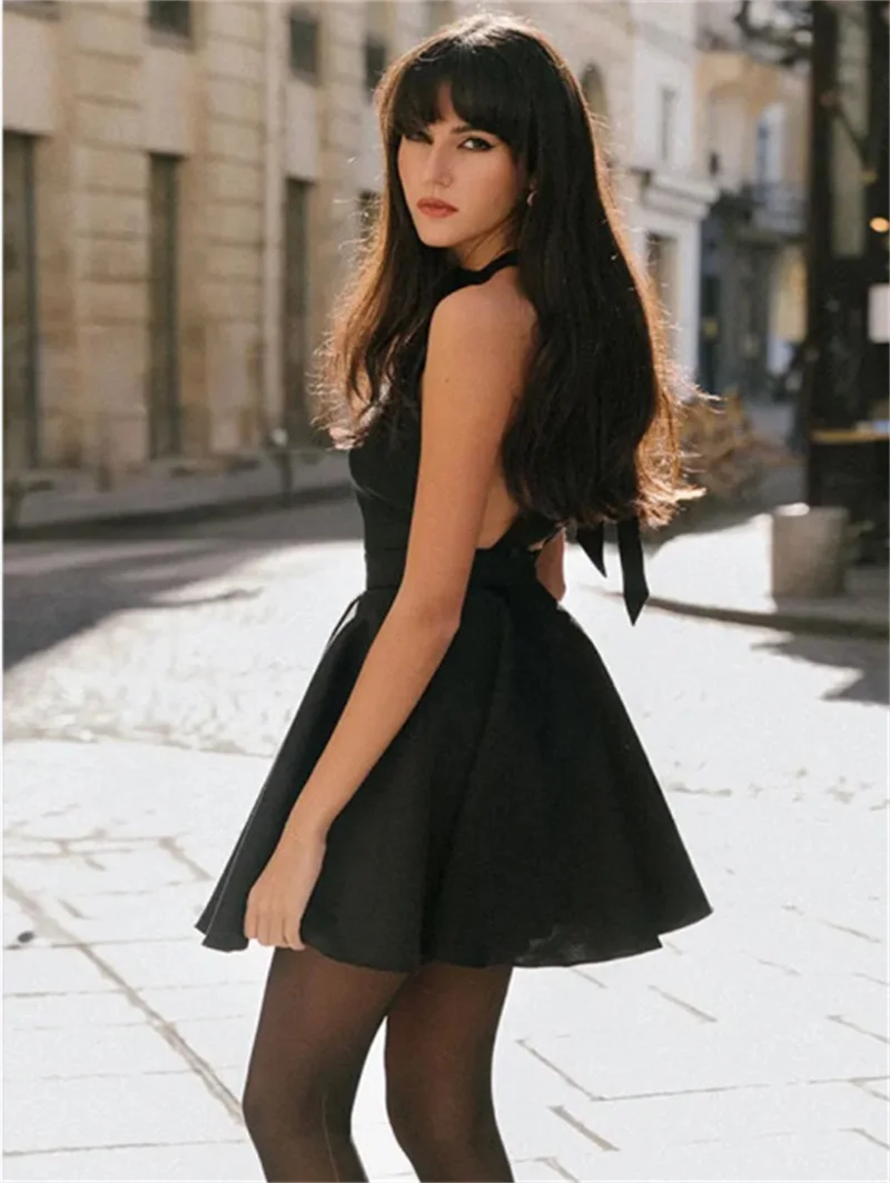 Black Backless Mini Skirt For Women Off The Shoulder Hollowed Out Fashion Sleeveless Party Dress Sexy A-line Tie Bow Club 2024