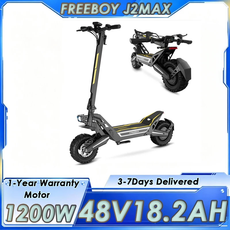 Monopattino Elettrico FREEBOY J2Max con Motore Potente da 1200W, Batteria a Lunga Autonomia 48V18.2AH, Freni a Disco, Pneumatici Fuoristrada da 11 Pollici per Avventure all'Aperto o per il