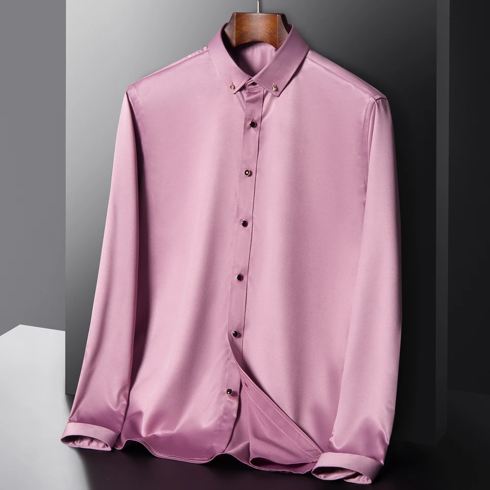 Elegante camicia da uomo a maniche lunghe-seta-sensazione, tessuto elasticizzato con bottoni a diamante,-perfetta per occasioni formali e feste