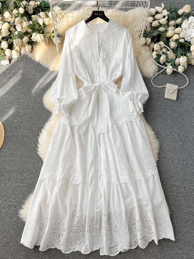 EWQ Lace Embroidered Design Long Dress Women Fashion Lantern Sleeves Belt Gathered Waist Solid Dresses 2024 Summer New 27C390