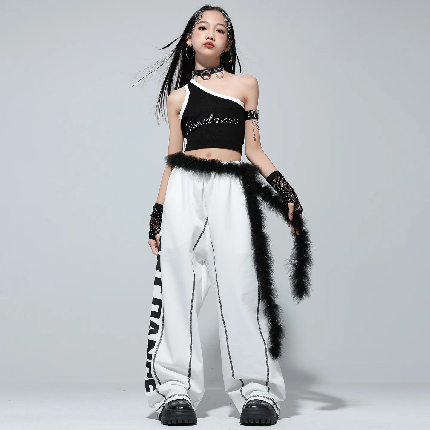 子供ストリートダンスジャズパフォーマンス衣装女の子ヒップホップ服ファッションキャットウォークステージ光沢のあるノースリーブクロップトップロングパンツスーツ