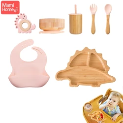 Plato de cena de alimentación de bebé de dinosaurio de madera de bambú, 7 piezas, tazón de succión de silicona, mango de madera, cuchara, tenedor, juego de vajilla para regalo de niños