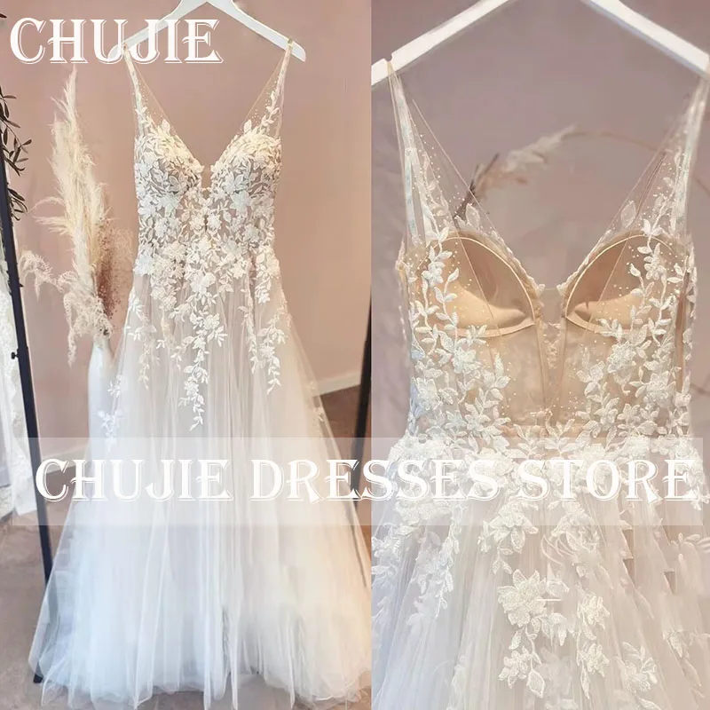 

Tulle A Line Wedding Dress With V Neck Appliques Bridal Gown Bodice FLowy Summer Beach Bridal Gown Customized Robe de mariee