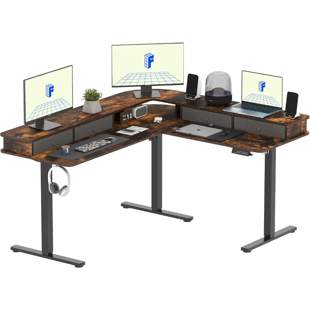 63'' L Standing Desk Electric Corner Table Shelf, 4 Storage Drawers, Adjustable Computer Workstation , Studio, USB Charger