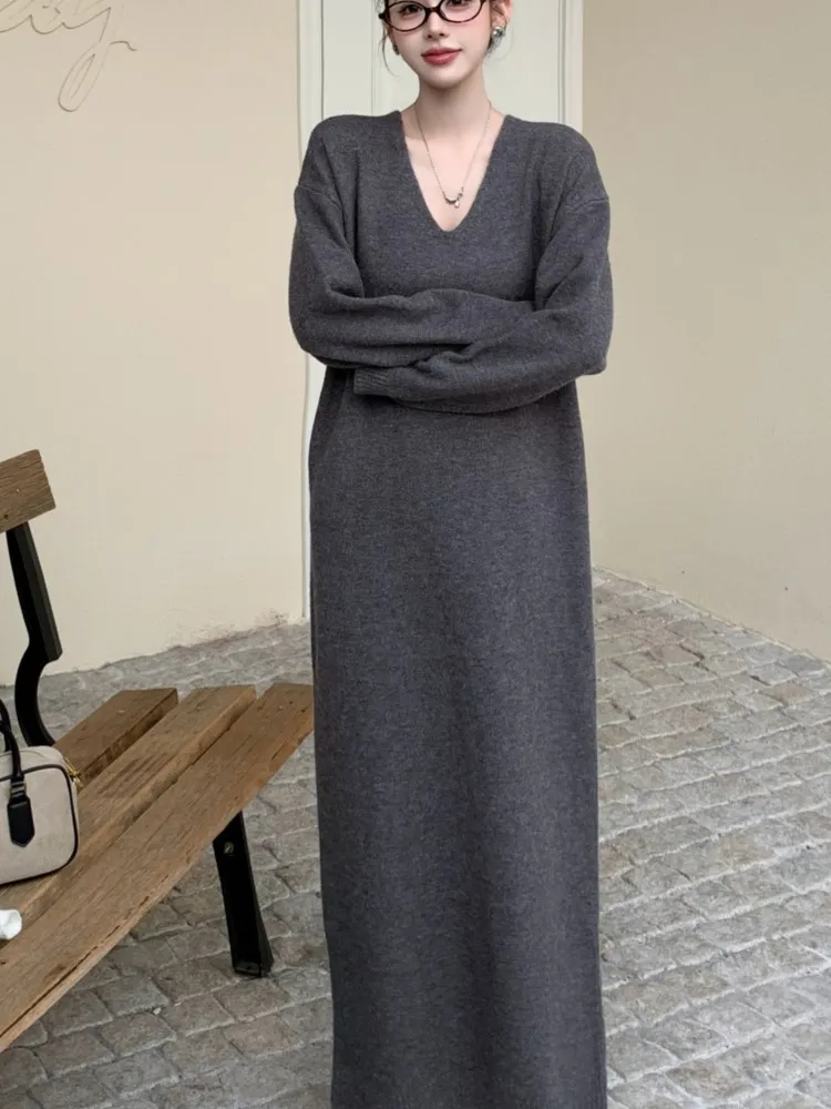 Sukienka damska wiosenno-jesienna oversize z dekoltem w serek, elegancka, vintage, luźna, koreańska sukienka damska z długim rękawem, sukienki damskie, vestidos