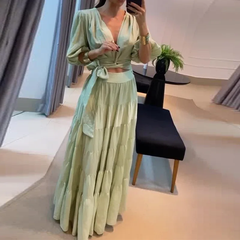 Women Two Piece Skirt Set V Neck Midi Waist Lace Up Spliced Long Skirts A Line Full Sleeved Tops Pullover Casual Suits