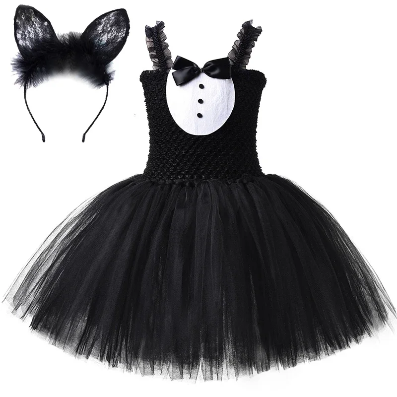 White Black Cat Tutu Dress for Baby Girls Halloween Costumes Kids Animal Kitty Birthday Outfit with Ears Hairbow Child Cloth@0Z*