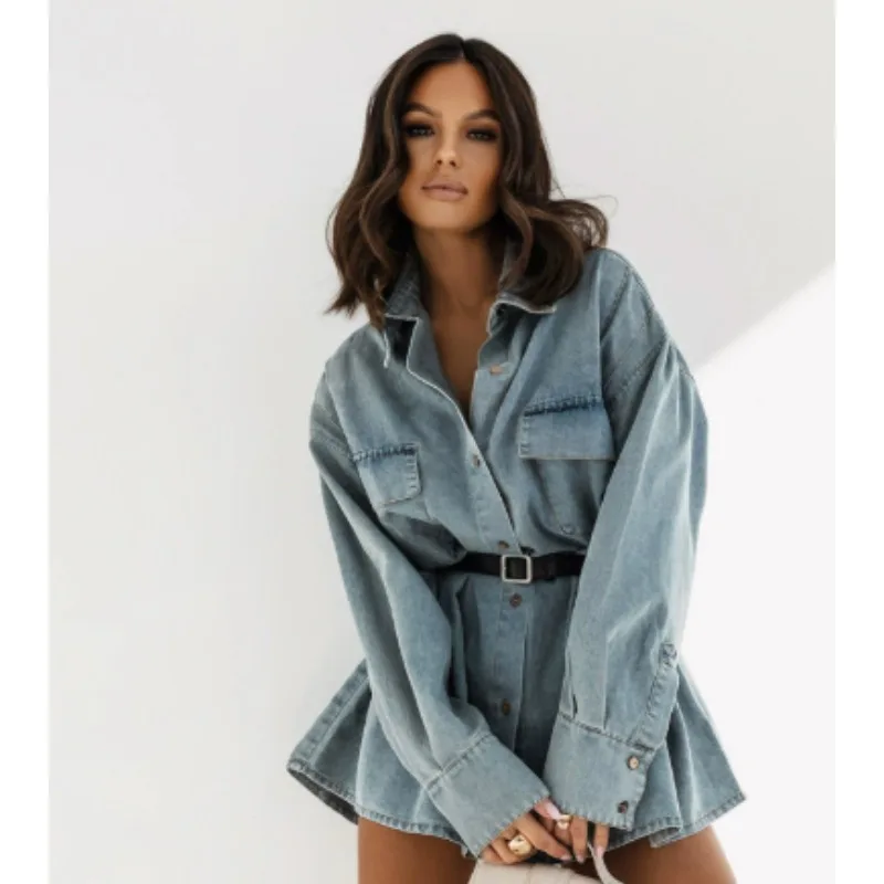 

Новые весенне-осенние джинсовые рубашки с длинным рукавом в уличном стиле, женские модные винтажные свободные рубашки с отложным воротником на одной пуговице