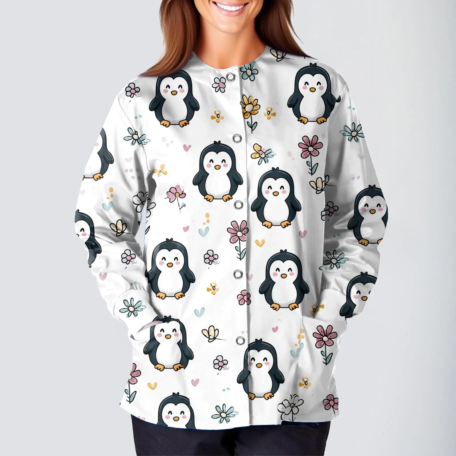 여성용 루즈핏 동물 프린트 간호사 유니폼 긴팔 O넥 싱글 브레스티드 스크럽 탑 뷰티 살롱 작업복