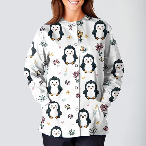 Imagen 2 del producto Uniforme de enfermera holgado con estampado Ainmal para mujer, Top exfoliante de manga larga con cuello redondo y una botonadura, uniformes de trabajo para salón de belleza