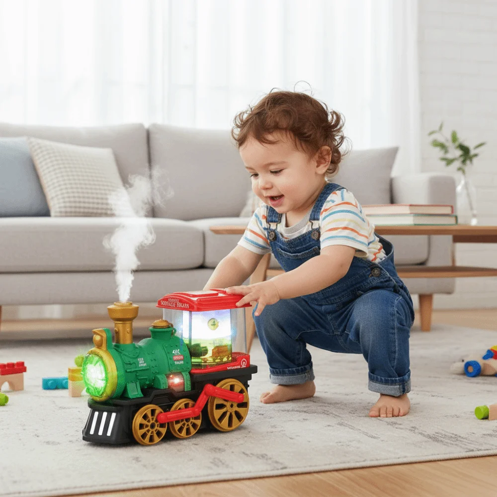 Locomotiva vintage trem a vapor elétrico simulação luzes rotativas a vapor educacional soando trem ferroviário brinquedos aprendizagem precoce