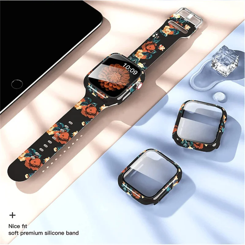 Cristal, funda y correa para Apple Watch, pulsera de silicona con estampado deportivo para iwatch series 9, 8, 7, 6, 5, 4, 3 SE, 44mm, 40mm, 41mm,