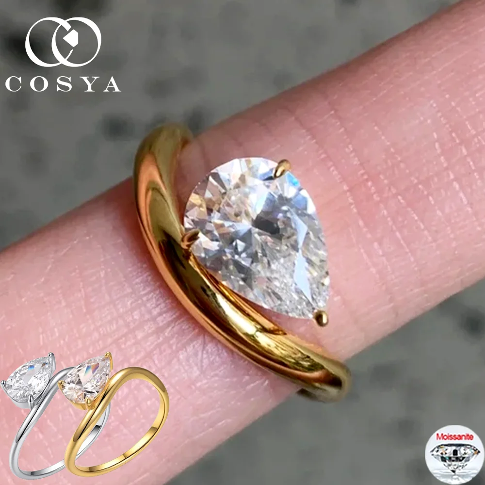 

COSYA 1,5 карата кольцо с муассанитом грушевидной огранки для женщин S925, серебро 18 карат, позолоченное кольцо на свадьбу, день рождения, юбилей, ювелирные изделия