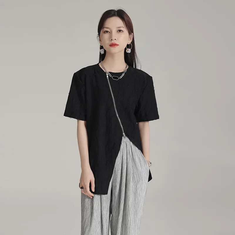 Zhen Split Wave Texture Irregular Zipper Short Sleeve Women's T-Shirt Summer Loose Skinny Top Fashion