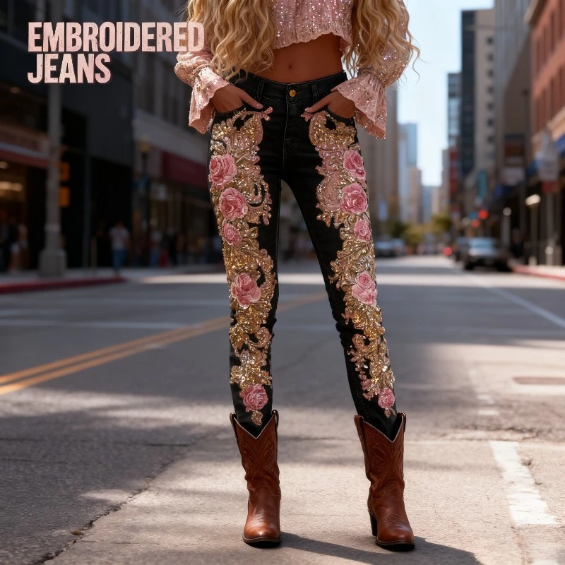 

3D Floral Women’s Straight Leg Jeans Fashionable Casual Stretch Denim Pants Comfortable Daily Wear Street Style