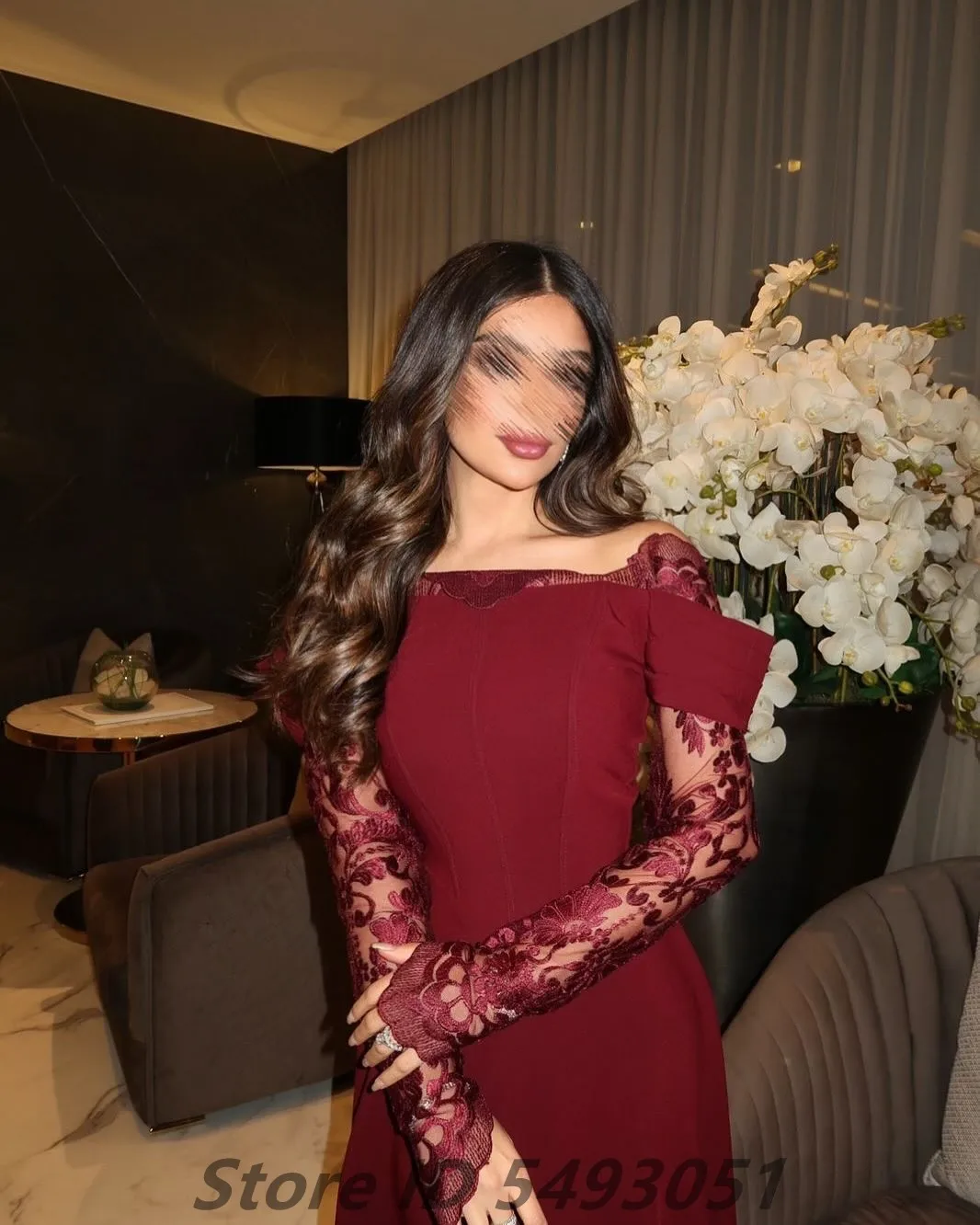 2025 Burgundy Evening Dress For Wedding Party Lace Long Sleeve Off Shoulder Prom Dress Saudi Arabic Party Gown Customized image 5