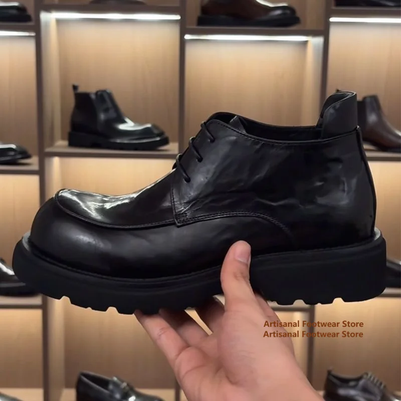Black Leather Thick Sole Chelsea Boots Round Toe Lace-Up Ankle Boots Stylish High-Top Booties Trendy Autumn/winter Men's Boots