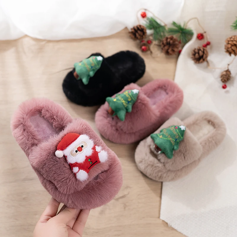 

Kids Cotton-padded Shoes Winter Cartoon Santa Claus Contrasting Colors Opening Platform Pvc Cotton Plush Slippers