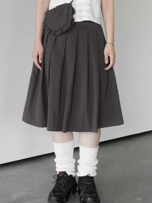 Retro Japanese Style Pleated  Skirt with Belt Small Bag Two Piece Set Pure Color Commute Style for Women in Spring Autumn...