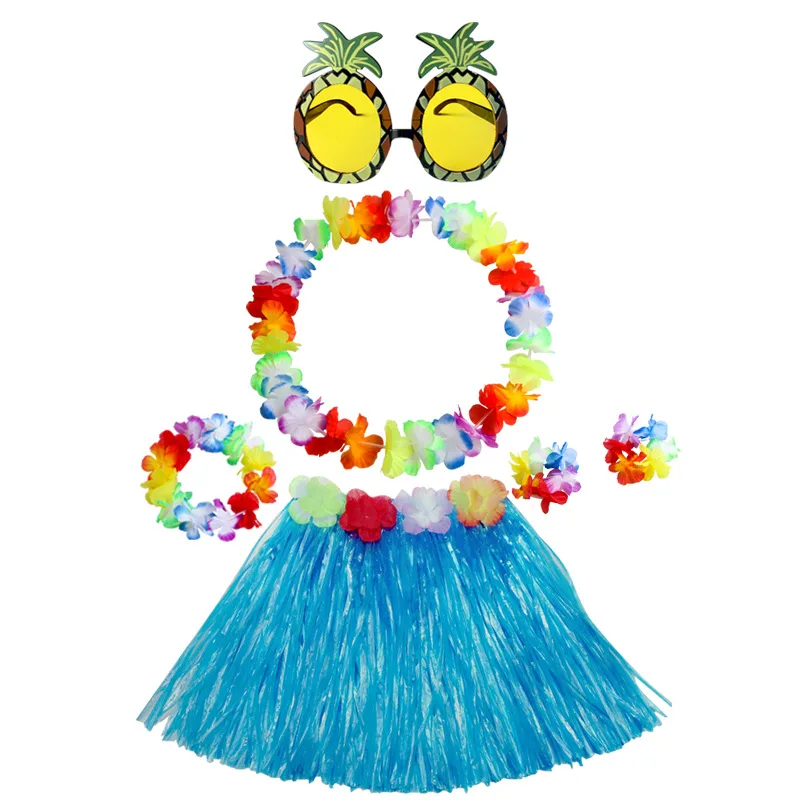 Child Hawaii 30CM Single-layer Grass Skirt Classic Floral Wreath Pineapple Glasses 6-piece Grass Skirt Dance Costume Set