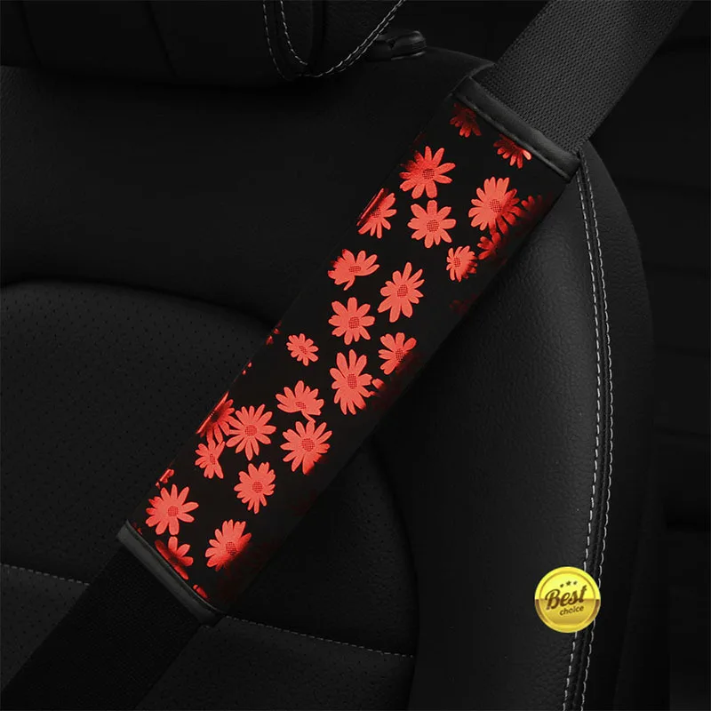 

2PC Car Seat Belt Shoulder Cover New Bronzing Daisy Flower Leather Protective Cover Comfortable and Soft Seat Belt Decoration