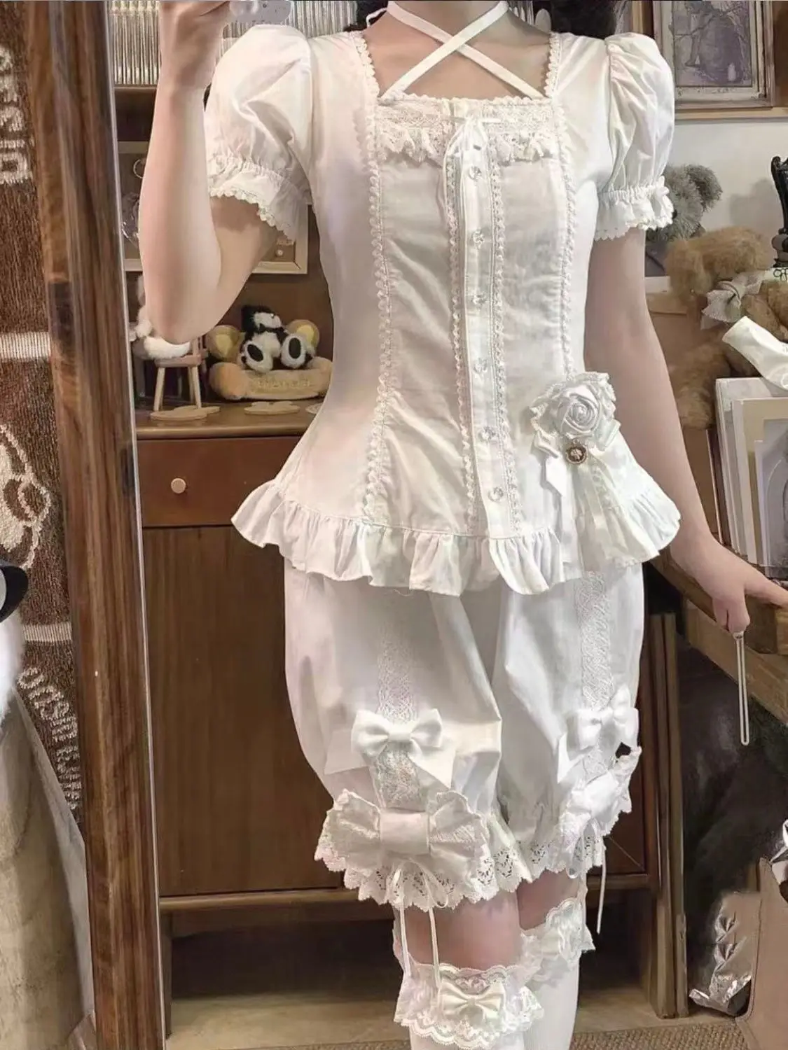 Sweet Lolita Lace Tie Puff Sleeve Summer Ruffle 2 Pieces Set Women Bow Brooch Lace Shirt Shorts Set Female Kawaii Daily Clothes