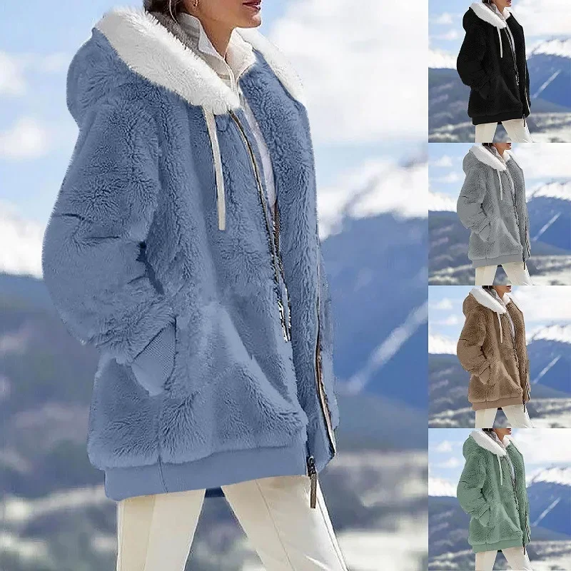 Oversized Jacket for Women Coat 2026 Autumn Winter Warm Plush Pocket Hooded Streetwear Loose Lady Zipper Cashmere Outerwear Coat