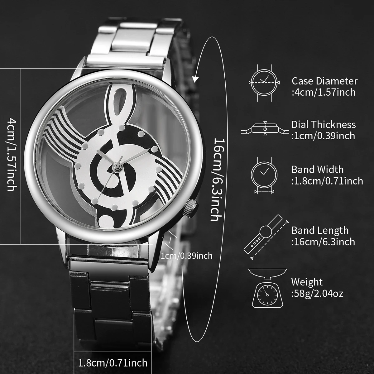 Montre à quartz en acier inoxydable pour femme, note de musique, bracelet en forme de cœur, ensemble de 2 pièces