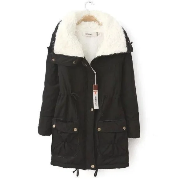 Winter cotton jacket, solid color, medium length drawstring, waist up, slimming sheepskin cotton jacket, cotton dress for women