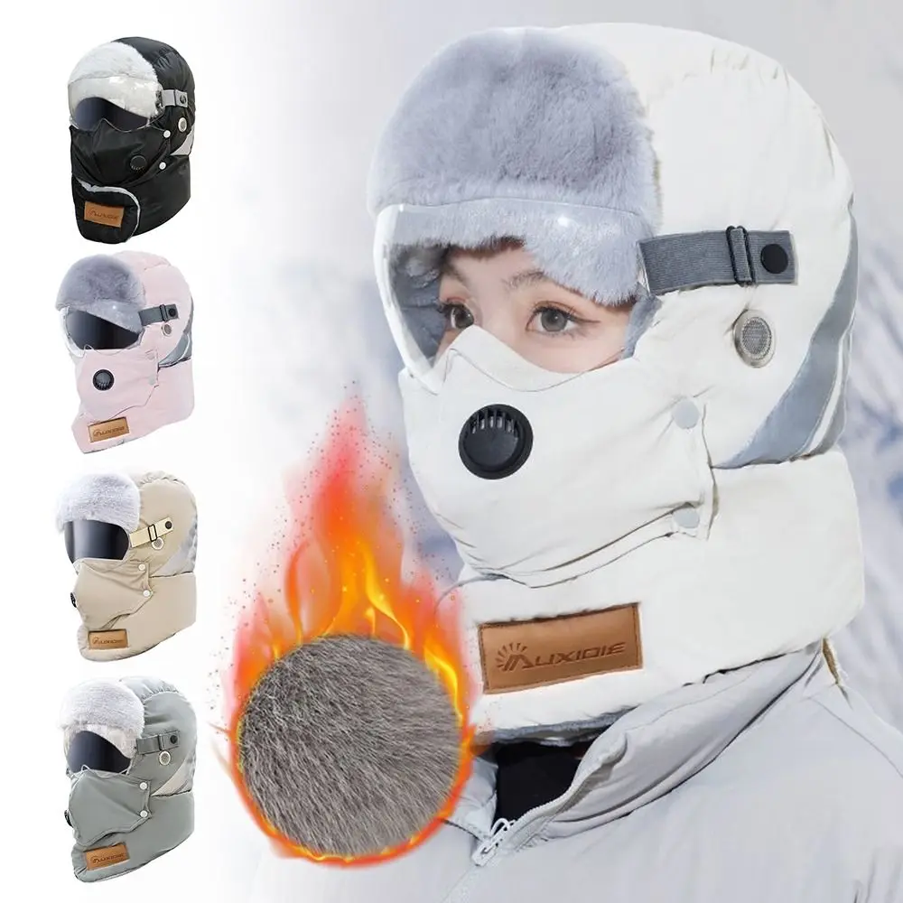 Fashion Bomber Hat Windproof Thickened Winter Ski Cap with Goggles Keep Warm Cycling Ear Protection Hat for Outdoor Sports