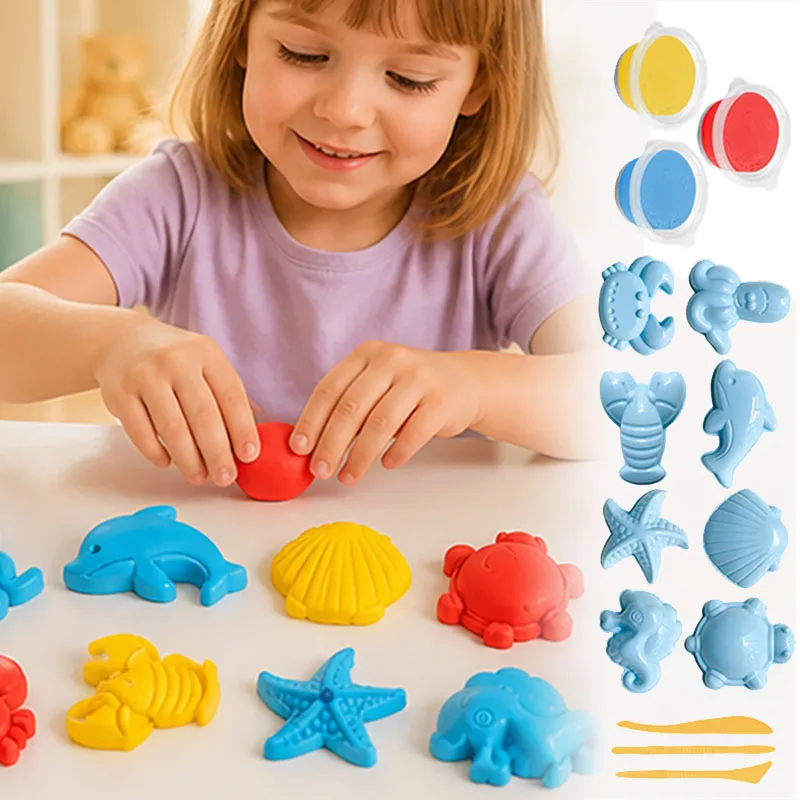 Sea Animal Play Dough Kit Kids Color Clay Crab Starfish Seashells Seahorses Dolphins Shape Molds Basic Tools Kit Fun Craft Toy