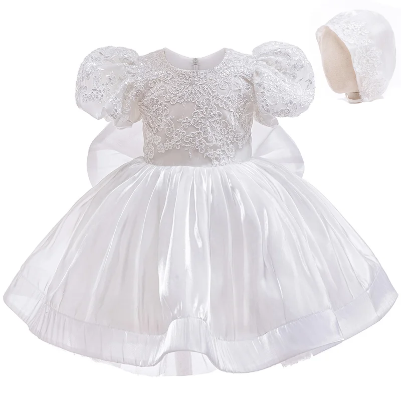 Birthday Flower Infant Baby Girl Dresses For Wedding White Princess Pageant Dress With Bonnet Toddlers Baptism Prom Gown