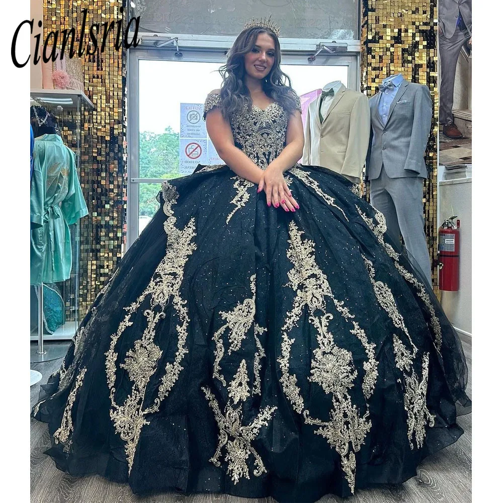 Black Off The Shoulder Ball Gown Quinceanera Dress For Girl Beaded Birthday Party Gowns Appliques Prom Dresses Vestido De 15 Ano