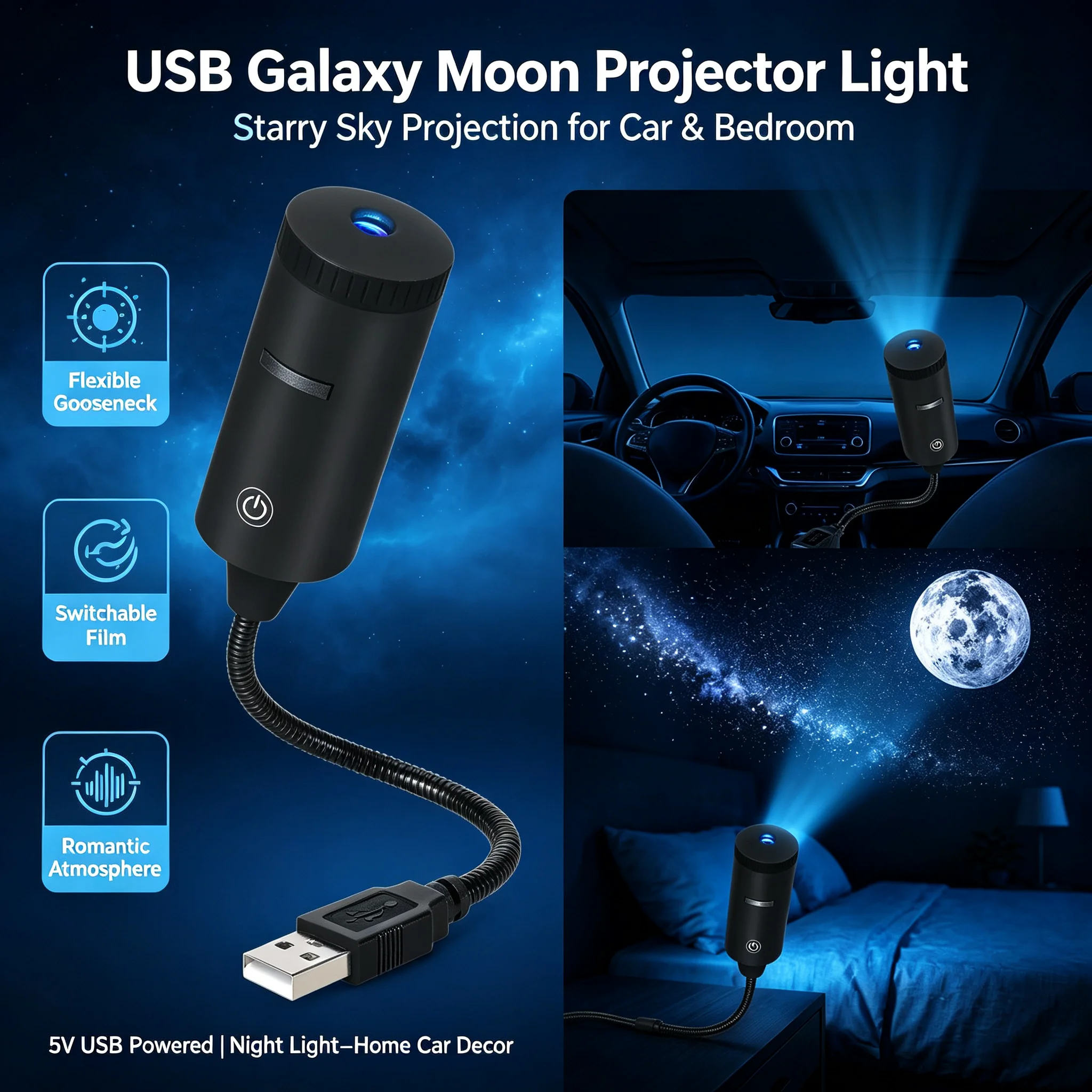 Mini LED Car Roof Star Night Light Projector Atmosphere Galaxy Lamp USB Decorative Adjustable for Auto Roof Room Ceiling Decor
