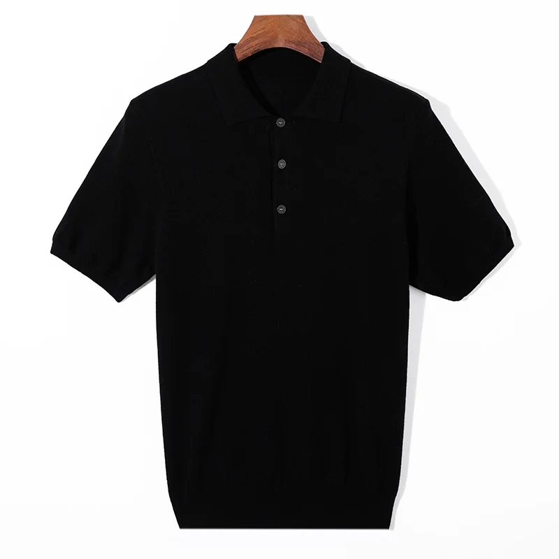 Suéter de lana pura 100% para hombre, Jersey de punto con cuello tipo POLO, camisa informal de manga corta para jóvenes, de alta calidad, primavera