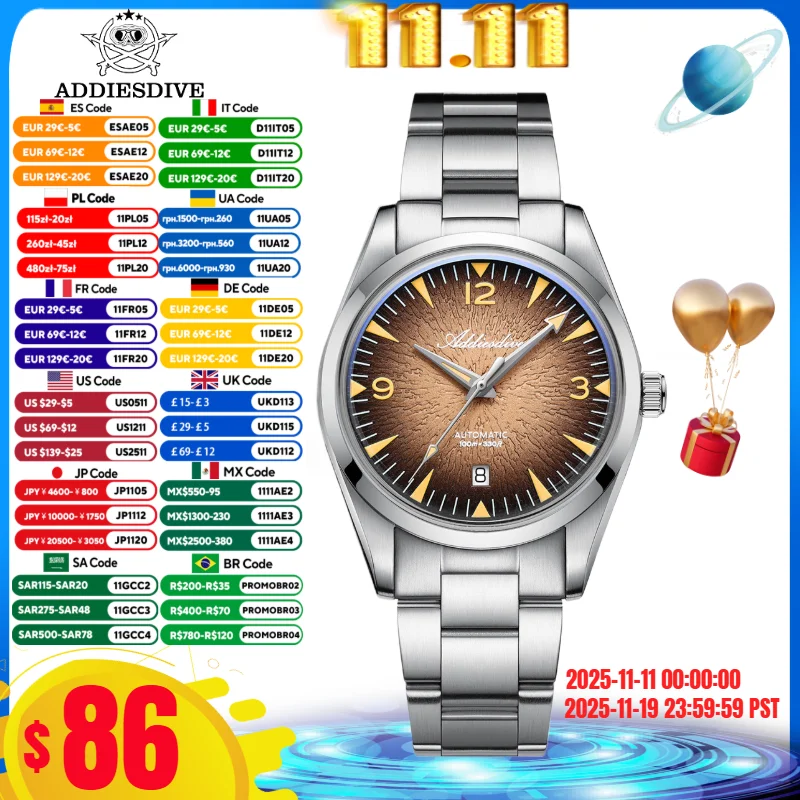 

ADDIESDIVE NEW Men Watch AD2508 Luminous Bubble Mirror Glass 316L Stainless Steel 100M Waterproof 8215 Automatic Mechanic Watch
