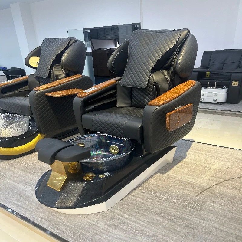 Wood Armrest Electric Pedicure Spa Chair, Quilted PU Leather Foot Spa Chair with Golden Basin for High-end Nail Salon