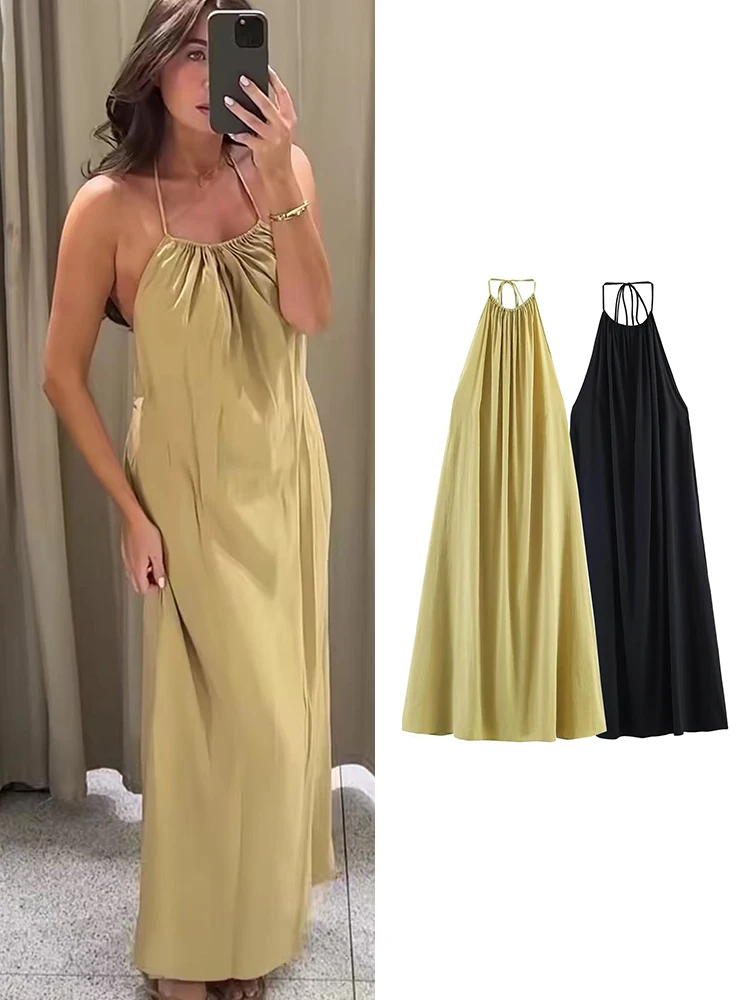 TFMLN Damen rückenfreies Neckholder-Maxikleid, elegantes, einfarbiges, lockeres Kleid mit Schnürung und Ärmeln, Sommer 2026, für Damen, Party, Abendrobe