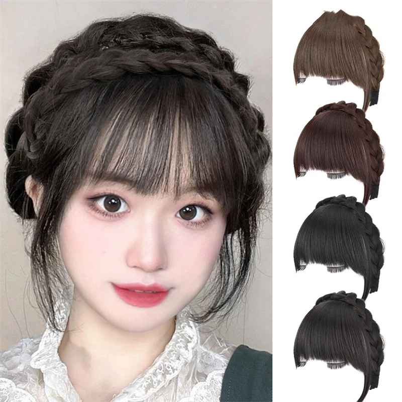 Natural Bangs Wig Headband Women Girls Fishbone Braid Forehead Hair Wigs Invisible Fringe Air Bangs