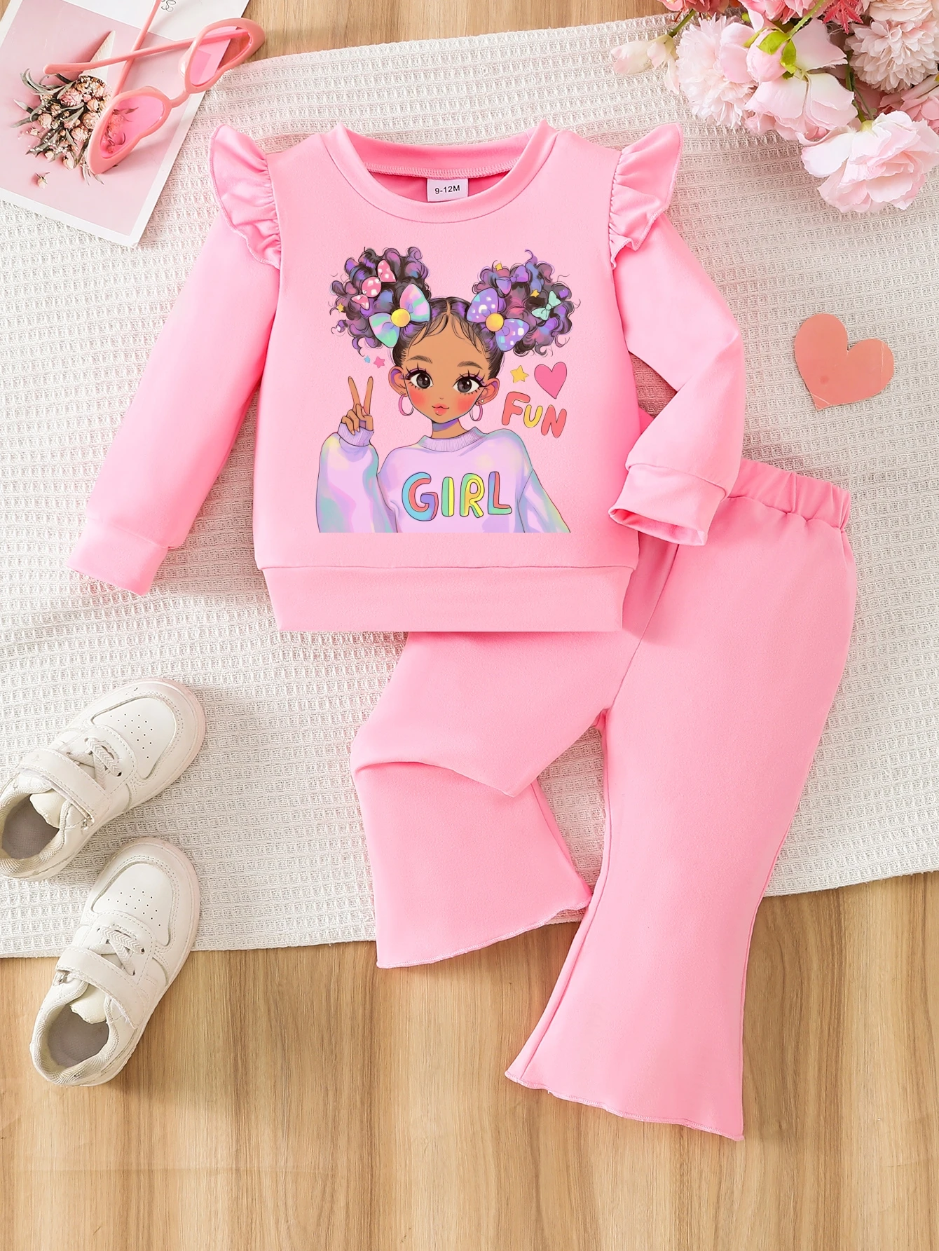 Toddler Girl Outfit 6M-3Y Cute Cartoon Girl Print Ruffle Sweatshirt Flare Pants Pink 2Pcs Baby Girls Clothes Set