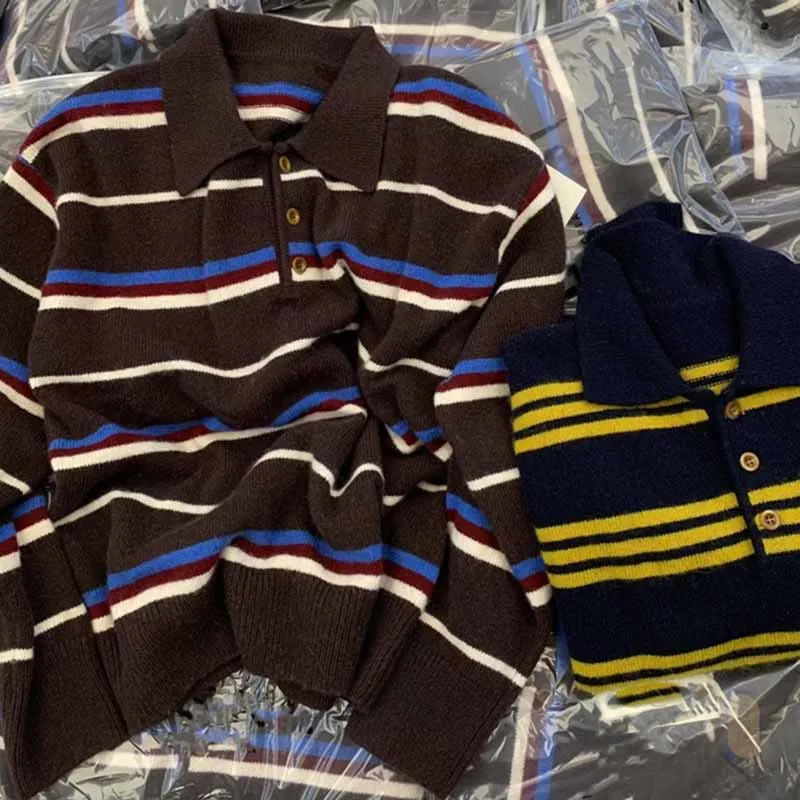 

Винтажный полосатый пуловер, свитер для женщин, Harajuku, школьники, вязаные джемперы с отложным воротником, свободный трикотаж с длинными рукавами