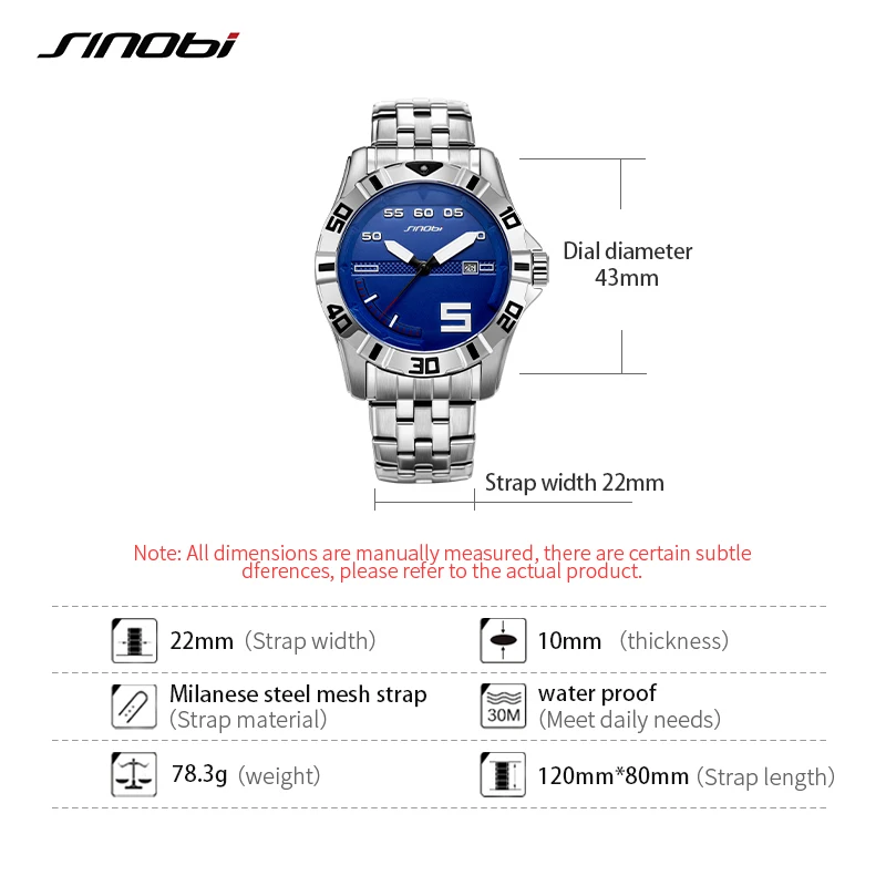 SINOBI Top Luxury Waterproof Mens Sports Wristwatches Auto Date Brand Clock Luminous Hands Geneva Quartz Calender Watch Relogio