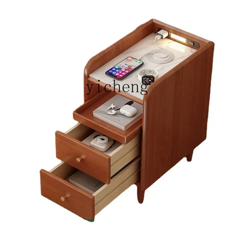 Retro Stone Plate Bedside Table Solid Wood Ultra Narrow Bedroom Bedside Cabinet with Light Cherrywood