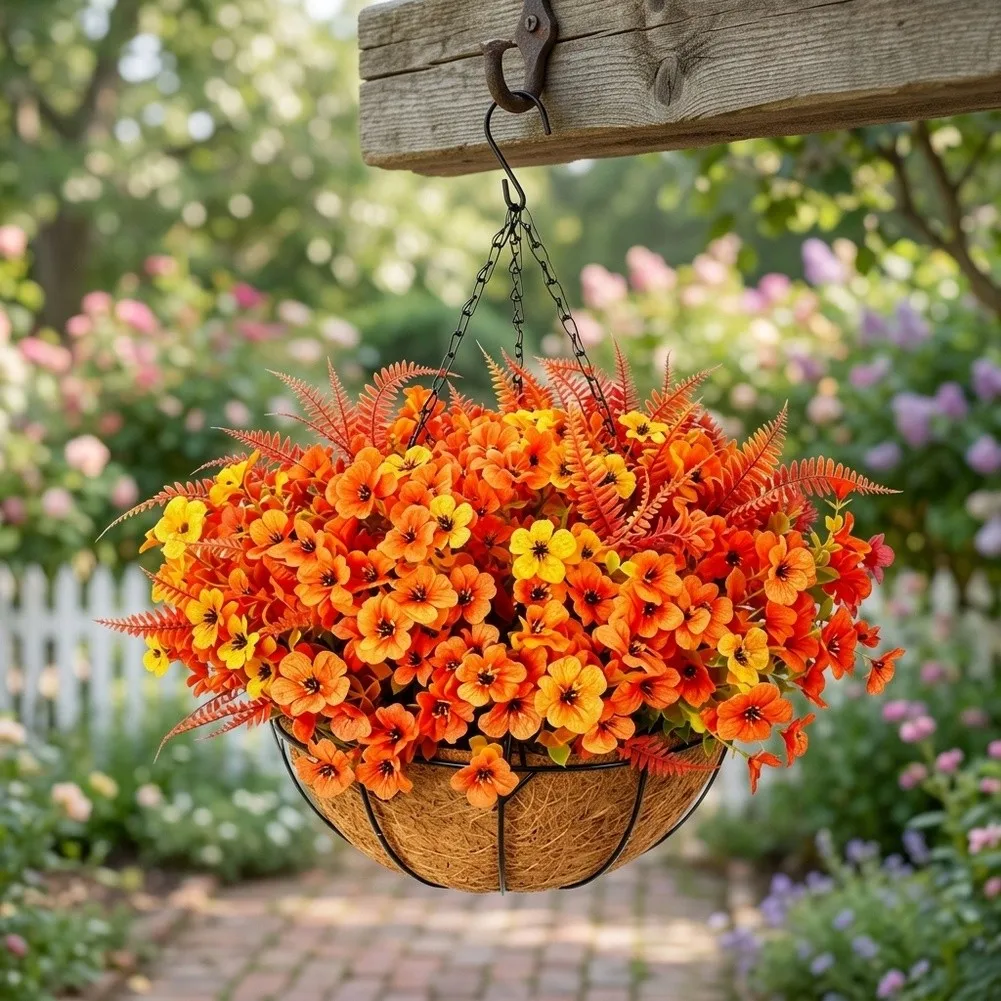 Weather Resistant Decor Artificial Hanging Basket Vibrant Autumn Colors No Watering Needed No Sunlight Required