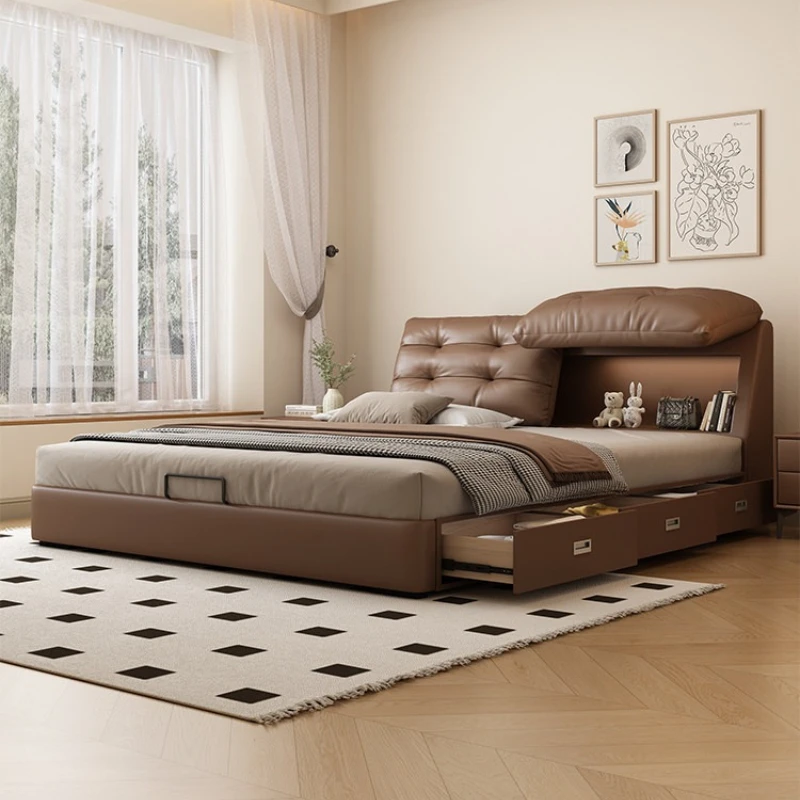 simple leather bed Modern master bedroom 1.5 meters multi-functional double bed small apartment lit princesse bedroom furniture